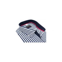 Biało-granatowa koszula męska w pionowe paski Y03. Białe koszule męskie Modini Moda Męska, m, w paski, z bawełny, casualowe, bez kołnierzyka, bez rękawów. Za 125,10 zł.