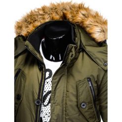 KURTKA MĘSKA ZIMOWA PARKA C361 - KHAKI. Brązowe kurtki męskie marki Ombre Clothing, na zimę, s, z futra. Za 189,00 zł.