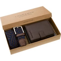 Zestaw Portfel Plus Pasek Pleciony. Pomarańczowe portfele męskie LANCERTO, w paski, ze skóry, eleganckie. W wyprzedaży za 219,90 zł.