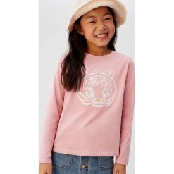 Mango Kids - Longsleeve dziecięcy Tigrin 110-164 cm. Różowe bluzki dziewczęce Mango Kids, z nadrukiem, z bawełny, z okrągłym kołnierzem, z krótkim rękawem, krótkie, bez kaptura. Za 45,90 zł.