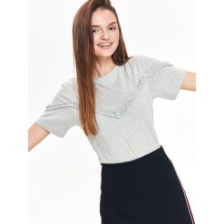 T-SHIRT KRÓTKI RĘKAW DAMSKI GŁADKI. Szare t-shirty damskie TROLL, l, bez wzorów, z bawełny, z falbankami. W wyprzedaży za 24,99 zł.