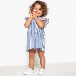 Rozszerzana sukienka w paski 1 miesiąc - 3 lata. Niebieskie sukienki niemowlęce marki La Redoute Collections, w paski, z bawełny, bez rękawów, krótkie, mini. Za 88,16 zł.