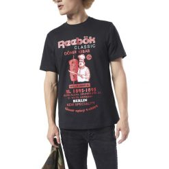 Reebok International Doner Koszulka Czarny. Czarne podkoszulki męskie Reebok, m, z nadrukiem, z bawełny, z krótkim rękawem. Za 119,95 zł.