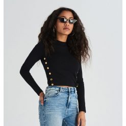 Crop top z długim rękawem - Czarny. Czarne topy damskie marki Sinsay, xl, bez wzorów, bez kołnierzyka. Za 29,99 zł.