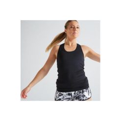 Top fitness kardio 100 damski. Czarne topy damskie DOMYOS, bez wzorów, z elastanu, bez rękawów, na fitness i siłownię. Za 16,99 zł.