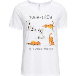 T-shirt z nadrukiem bonprix biały. Białe t-shirty damskie bonprix, z nadrukiem, bez kołnierzyka. Za 34,99 zł.