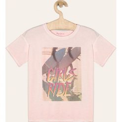 Pepe Jeans - T-shirt dziecięcy Naomi 128-180 cm. Różowe bluzki dziewczęce Pepe Jeans, z nadrukiem, z bawełny, z okrągłym kołnierzem, z krótkim rękawem, krótkie, bez kaptura. Za 129,90 zł.