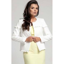 Ecru Elegancki Pudełkowy Żakiet bez Zapięcia z Falbankami. Szare marynarki i żakiety damskie Molly.pl, l, eleganckie. Za 137,90 zł.