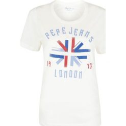 T- shirt Pepe Jeans. Białe koszulki damskie Pepe Jeans, z nadrukiem, z jeansu, bez kołnierzyka, bez rękawów. Za 79,00 zł.