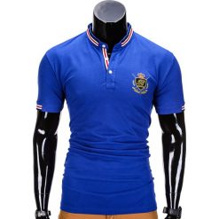 Koszulka męska polo z nadrukiem S849 - niebieska. Niebieskie koszulki męskie Ombre Clothing, s, z nadrukiem, polo, bez rękawów. Za 24,99 zł.