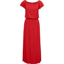 Sukienka shirtowa z dekoltem "carmen" bonprix truskawkowy. Czerwone sukienki damskie bonprix, bez wzorów, z materiału, bez kołnierzyka, bez rękawów. Za 89,99 zł.