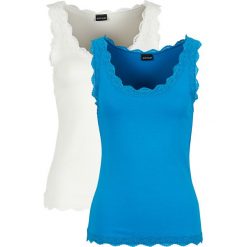 Top z koronką (2 szt.) bonprix niebieski capri + biel wełny. Niebieskie bluzki damskie bonprix, w koronkowe wzory, z wełny, bez kołnierzyka, bez rękawów. Za 75,98 zł.