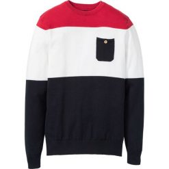 Sweter z kieszonką bonprix czarno-biało-czerwony w paski. Czarne swetry męskie bonprix, s, w paski, bez kołnierzyka, bez kaptura. Za 49,99 zł.