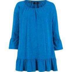Shirt bawełniany z falbanami, rękawy 3/4 bonprix lazurowy niebieski. Niebieskie koszulki damskie marki bonprix, bez wzorów, z bawełny, bez kołnierzyka, bez rękawów. Za 47,99 zł.
