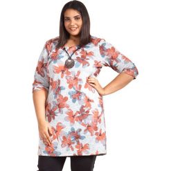 Fantazyjna szara tunika kwiaty wisior PLUS SIZE. Szare zawieszki damskie Moda Size Plus Iwanek, z granatem. Za 119,90 zł.