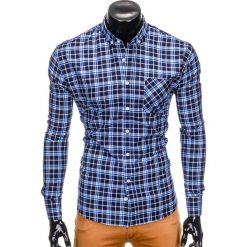 KOSZULA MĘSKA W KRATĘ Z DŁUGIM RĘKAWEM K396 - GRANATOWY/NIEBIESKI. Niebieskie koszule męskie Ombre Clothing, s, bez wzorów, eleganckie, bez kołnierzyka, z długim rękawem. Za 39,00 zł.
