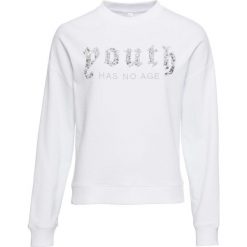 Bluza z aplikacją z cekinów bonprix biały. Białe bluzy damskie bonprix, z aplikacjami, bez rękawów, bez kaptura. Za 37,99 zł.