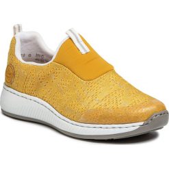 Sneakersy RIEKER - N5595-68 Gelb. Żółte półbuty damskie Rieker, na co dzień, bez wzorów, z tworzywa sztucznego, bez obcasa, na płaskiej podeszwie, bez zapięcia. Za 239,00 zł.