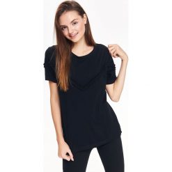 T-SHIRT DAMSKI Z OZDOBNYMI FALBANAMI. Czarne bluzki damskie z falbaną marki TROLL, xs, bez wzorów, z bawełny. W wyprzedaży za 24,99 zł.