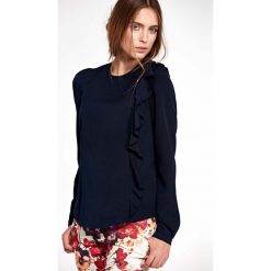 Granatowa Szykowna Bluzka z Pionową Falbanką. Niebieskie bluzki damskie marki Molly.pl, xl, eleganckie, z falbankami, z długim rękawem. Za 118,90 zł.