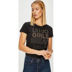 Liu Jo - Top. Czarne topy damskie marki Liu Jo, l, z nadrukiem, z bawełny, z okrągłym kołnierzem. Za 369,90 zł.
