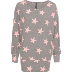 Shirt dzianinowy w gwiazdy bonprix szary melanż - pastelowy jasnoróżowy. Szare koszulki damskie marki bonprix, bez wzorów, z dzianiny, bez kołnierzyka, bez rękawów. Za 79,99 zł.