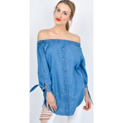 Koszula tunika jeansowa ze ściągaczem. Szare tuniki damskie z długim rękawem marki Zoio, z bawełny, sportowe, z dekoltem w łódkę. Za 49,99 zł.